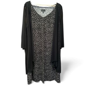 Connected Apparel MIDI Black and Tan Patterned Dress with Sheer Cardigan, 20W